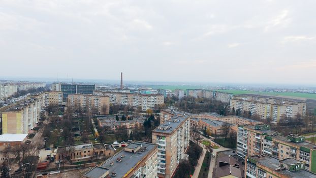 Aerial view of city, park, road from a bird's eye view. Ukraine Ternopil