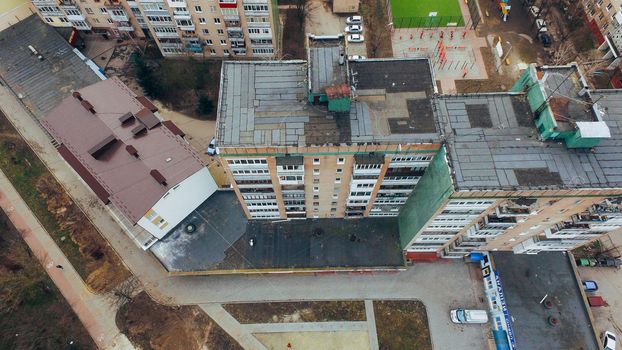 small town with a bird's-eye view in early spring, park and church. aerial view Ternopil. Ukraine