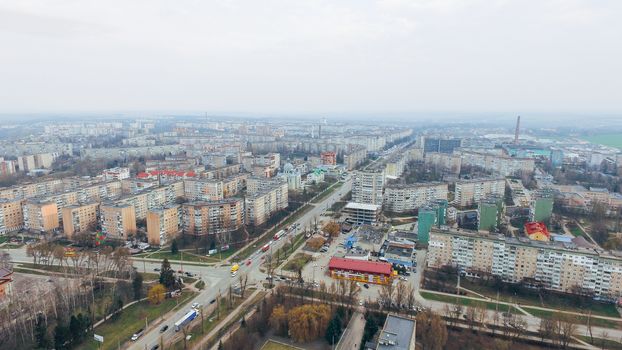 Aerial view of the city of Ternopil in early spring in cloudy weather. Ukraine