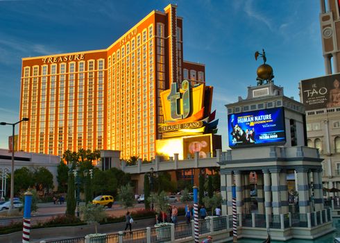 Las Vegas, USA, November 2013: sunset view on Treasure Island hotel and casino resort on the strip in Las Vegas, Nevada.