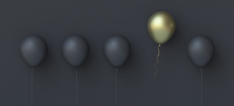 Abstract background golden flying balloon 3D render illustration on black background