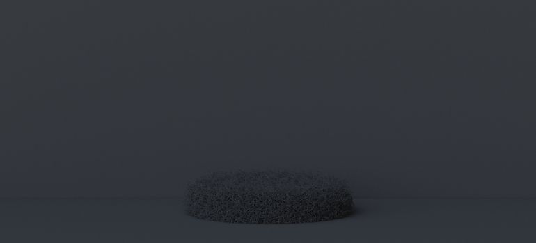 Abstract background black fur podium 3D render illustration on black background