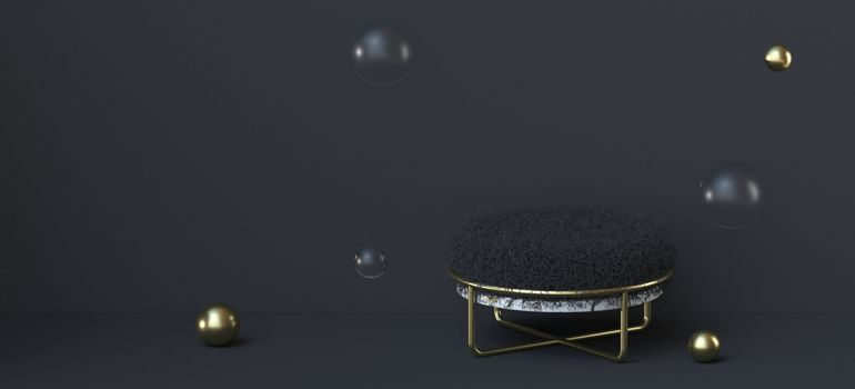 Abstract background black fur podium with flying spheres 3D render illustration on black background