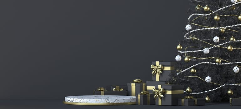 Abstract background black Christmas tree and gifts 3D render illustration on black background