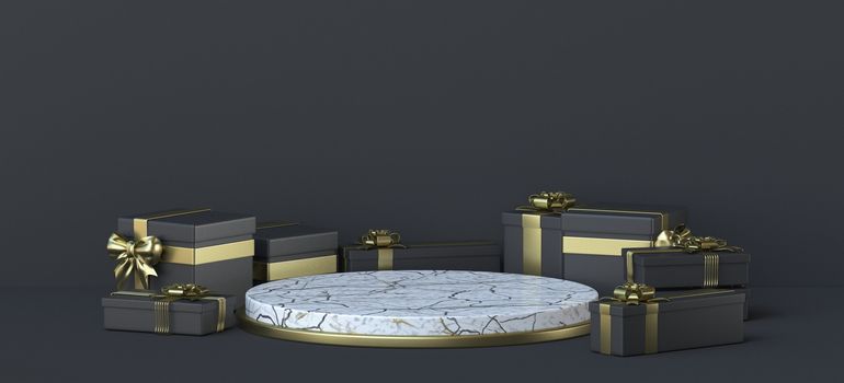 Abstract background white marble podium an golden black gifts 3D render illustration on black background