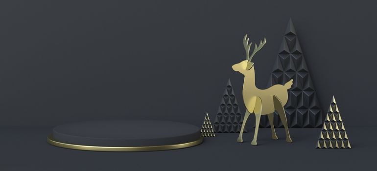 Abstract background reindeer and triangle Christmas trees 3D render illustration on black background