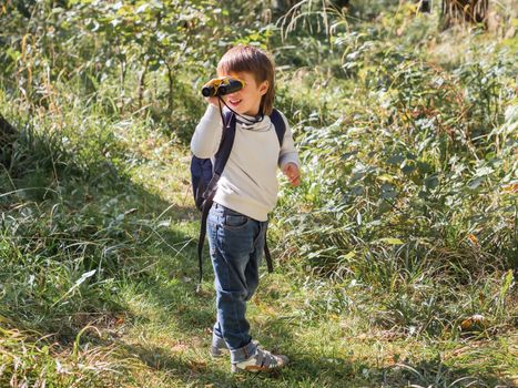 Curious boy is hiking in forest. Outdoor leisure activity for kids. Child looks through binoculars on tree foliage. Sunny day at autumn or summer day.