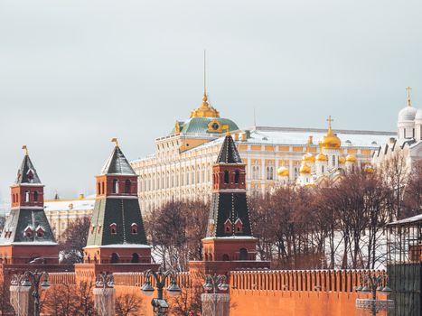 Senate Palace behind red brick walls of Kremlin. Architectural landmark in Moscow, Russia.