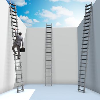 Businessman climbing a ladder to escape from problems