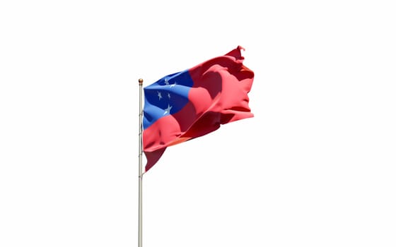 Beautiful national state flag of Samoa fluttering at sky background. Low angle close-up Samoa flag 3D artwork.