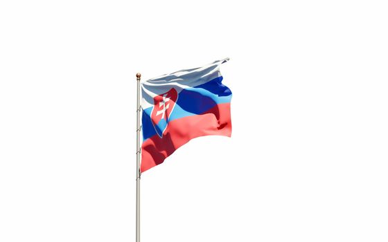 Beautiful national state flag of Slovakia fluttering at sky background. Low angle close-up Slovakia flag 3D artwork.