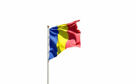 Beautiful national state flag of Romania fluttering at sky background. Low angle close-up Romania flag 3D artwork.