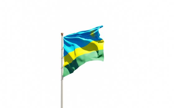 Beautiful national state flag of Rwanda fluttering at sky background. Low angle close-up Rwanda flag 3D artwork.