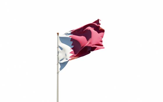 Beautiful national state flag of Qatar fluttering at sky background. Low angle close-up Qatar flag 3D artwork.