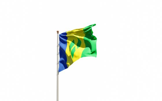 Beautiful national state flag of Grenadines fluttering at sky background. Low angle close-up Grenadines flag 3D artwork.
