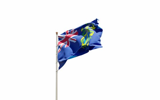 Beautiful national state flag of Pitcairn fluttering at sky background. Low angle close-up Pitcairn flag 3D artwork.