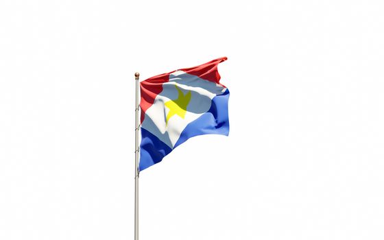 Beautiful national state flag of Saba fluttering at sky background. Low angle close-up Saba flag 3D artwork.