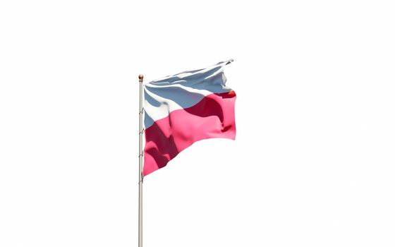 Beautiful national state flag of Poland fluttering at sky background. Low angle close-up Poland flag 3D artwork.