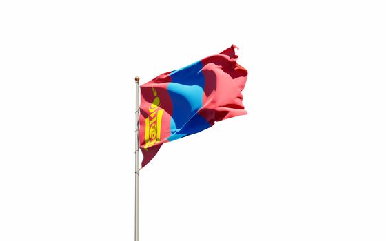 Beautiful national state flag of Mongolia fluttering at sky background. Low angle close-up Mongolia flag 3D artwork.