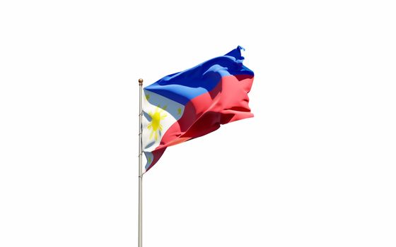 Beautiful national state flag of Philippines fluttering at sky background. Low angle close-up Philippines flag 3D artwork.