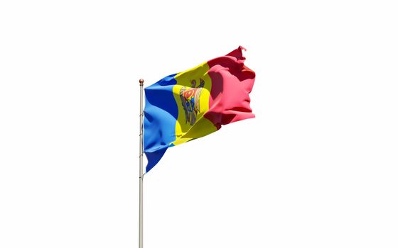 Beautiful national state flag of Moldova fluttering at sky background. Low angle close-up Moldova flag 3D artwork.