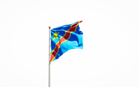 Beautiful national state flag of Congo on white background. Isolated close-up Congo flag 3D artwork.