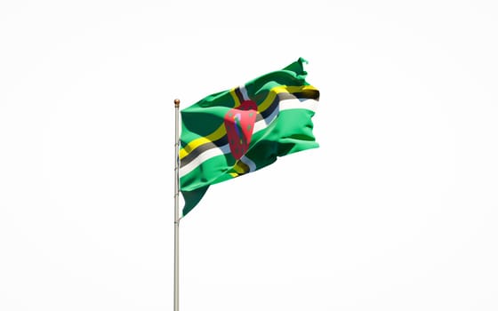 Beautiful national state flag of Dominica on white background. Isolated close-up Dominica flag 3D artwork.