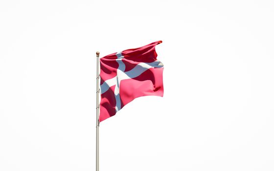 Beautiful national state flag of Denmark on white background. Isolated close-up Denmark flag 3D artwork.
