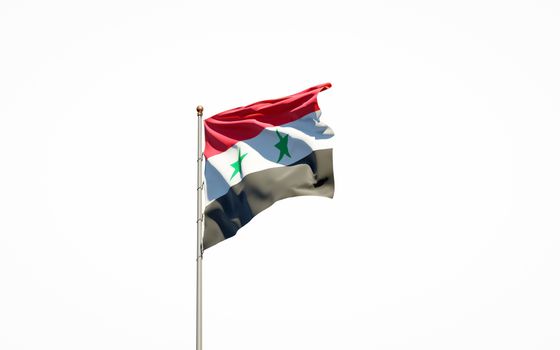 Beautiful national state flag of Syria on white background. Isolated close-up Syria flag 3D artwork.