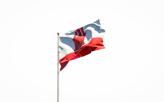 Beautiful national state flag of Gibraltar on white background. Isolated close-up Gibraltar flag 3D artwork.