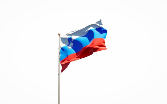 Beautiful national state flag of Slovenia on white background. Isolated close-up Slovenia flag 3D artwork.