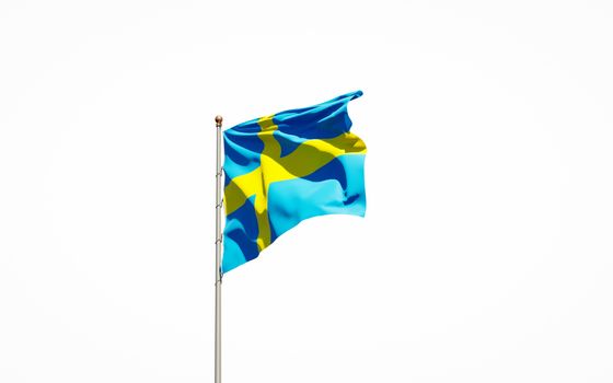 Beautiful national state flag of Sweden on white background. Isolated close-up Sweden flag 3D artwork.