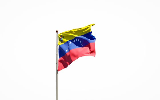 Beautiful national state flag of Venezuela on white background. Isolated close-up Venezuela flag 3D artwork.