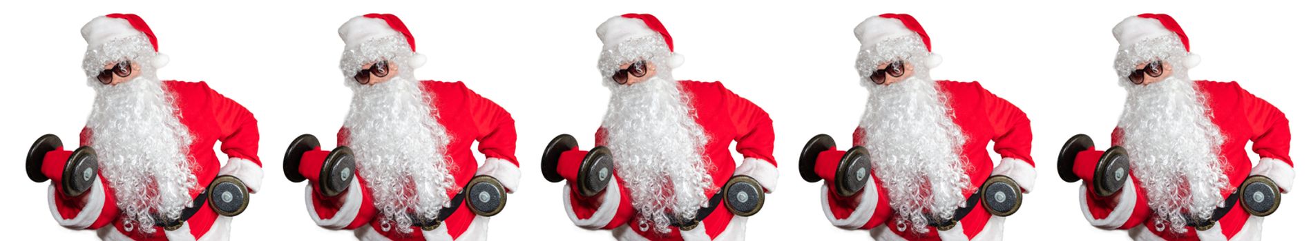 Santa Clauses working out, lifting dumbbells and doing bicep curls. Pattern style, Isolated on white background. Sport, fitness, bodybuilding conept. Banner size, copy space.