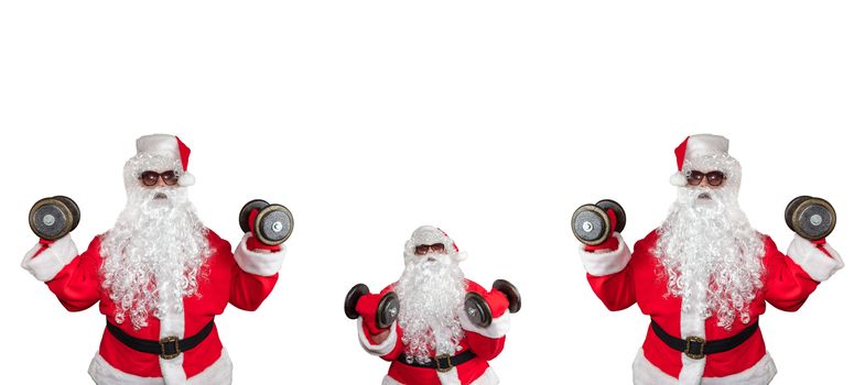 Three Santa Clauses working out, pushing and lifting dumbbells up in the air. One of them is very little and stands in the middle. Isolated on white background. Banner size, copy space.