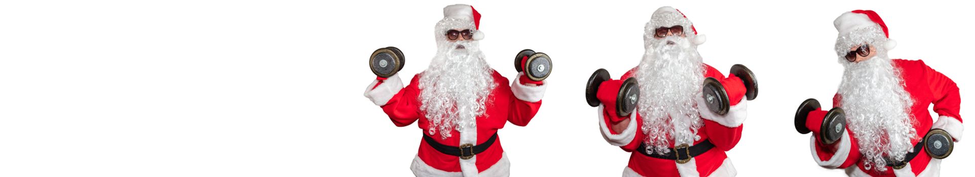 Three Santa Clauses working out, pushing and lifting dumbbells, doing bicep curls. Isolated on white background. Sport, fitness, bodybuilding conept. Banner size, copy space.