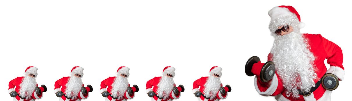 Santa Clauses working out, lifting dumbbells and doing bicep curls. Five smalls santas facing a big santa. Isolated on white background. Sport, fitness, bodybuilding conept. Banner size, copy space.