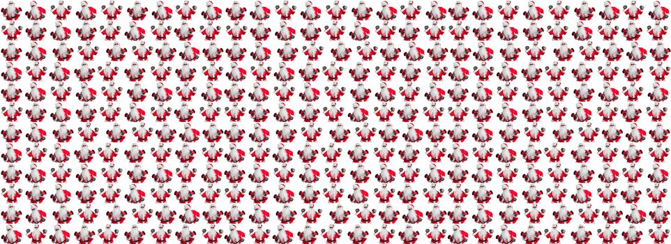 Santa Clauses working out, lifting dumbbells and doing bicep curls. Pattern, Isolated on white background. Sport, fitness, bodybuilding conept. Banner size, copy space.