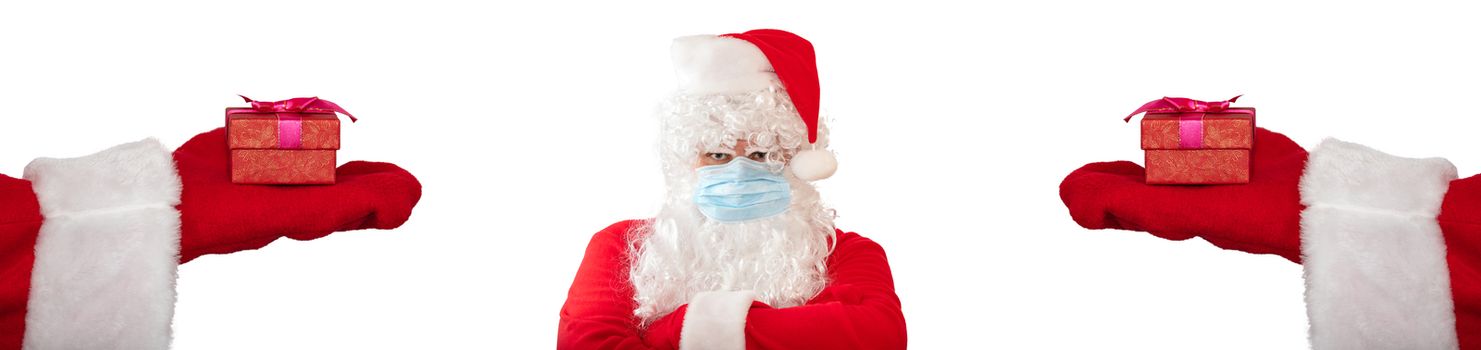Santa Claus wearing a medical mask pointing at another Santa Claus who has his arms crossed on his chest, looks very angry. Isolated on white background. Banner size, copy space.
