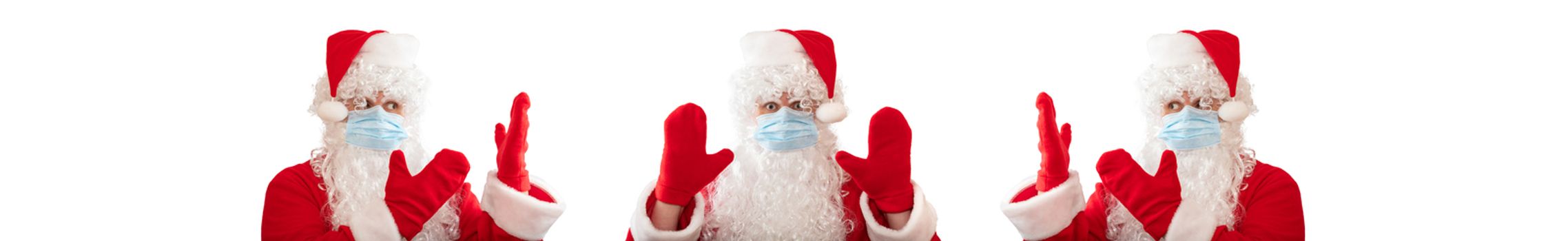 Santa Claus wearing a medical mask, having his both hands up, eyes wide open in warning gesture. Two other Santa Clauses pointing at him. Isolated on white background. Banner size, copy space.