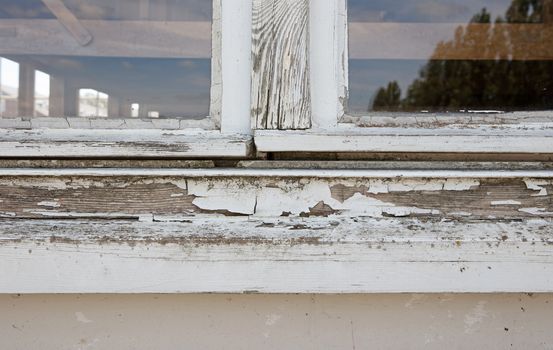Home repair maintenance wooden window frame, selective focus