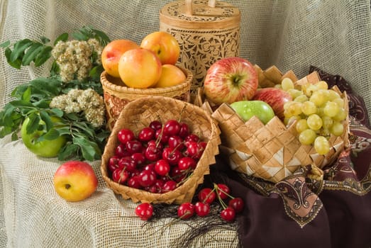 Different fruits on a canvas in traditional style