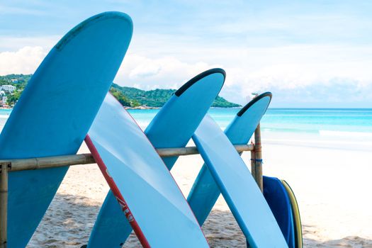 Many surfboards for rent  at summer beach with sunlight  blue sky background. 