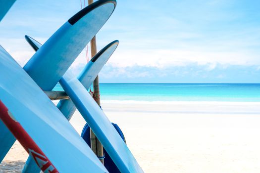 Many surfboards for rent  at summer beach with sunlight  blue sky background. 