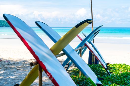 Many surfboards for rent  at summer beach with sunlight  blue sky background. 