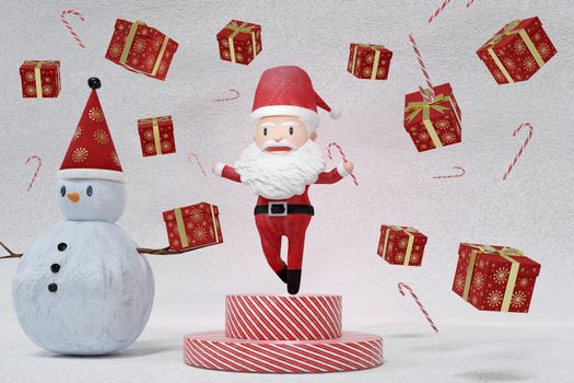 3D Rendering  , The dance of a cheerful Santa Claus and Snowman on ICE background . The Concept of Christmas.