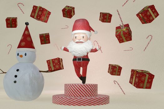 3D Rendering  , The dance of a cheerful Santa Claus and Snowman on brown ICE background . The Concept of Christmas.