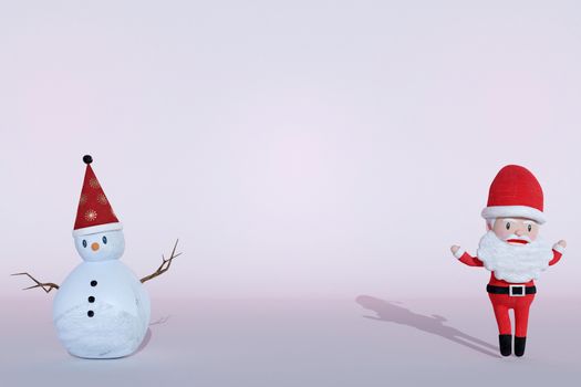3D Rendering  , The dance of a cheerful Santa Claus and Snowman on ICE background . The Concept of Christmas. Copy space. Place for text.