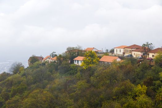 Sighnaghi village landscape and city view in Kakheti, Georgia. Old houses beautiful view during mist and fog