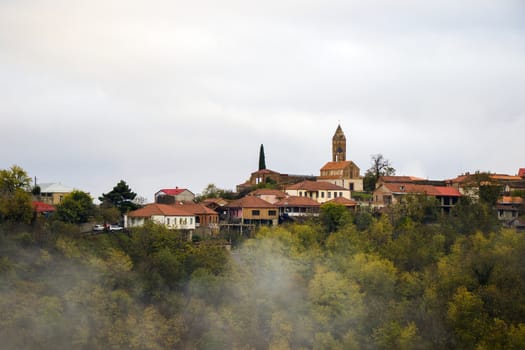 Sighnaghi village landscape and city view in Kakheti, Georgia. Old houses beautiful view during mist and fog